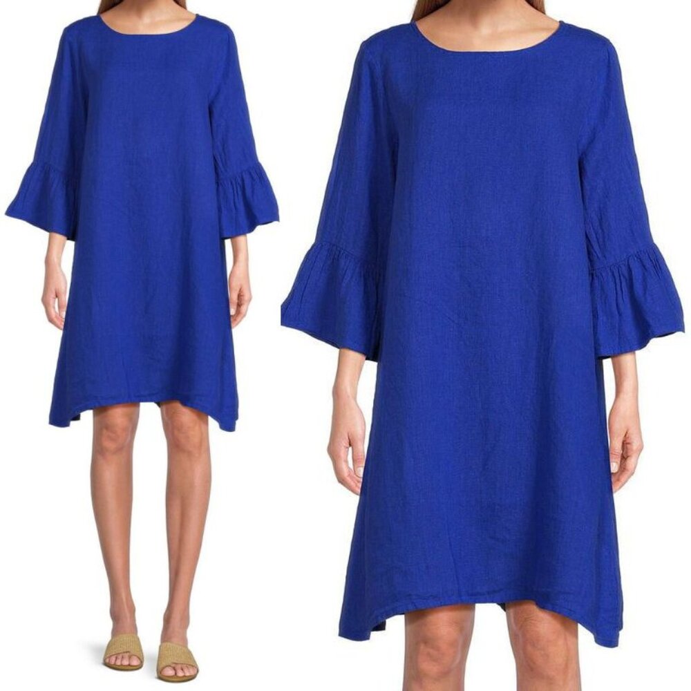 BRYN WALKER Phryne Shift DRESS Blue LINEN S M L Ruffled Bell Sleeve NEW $203